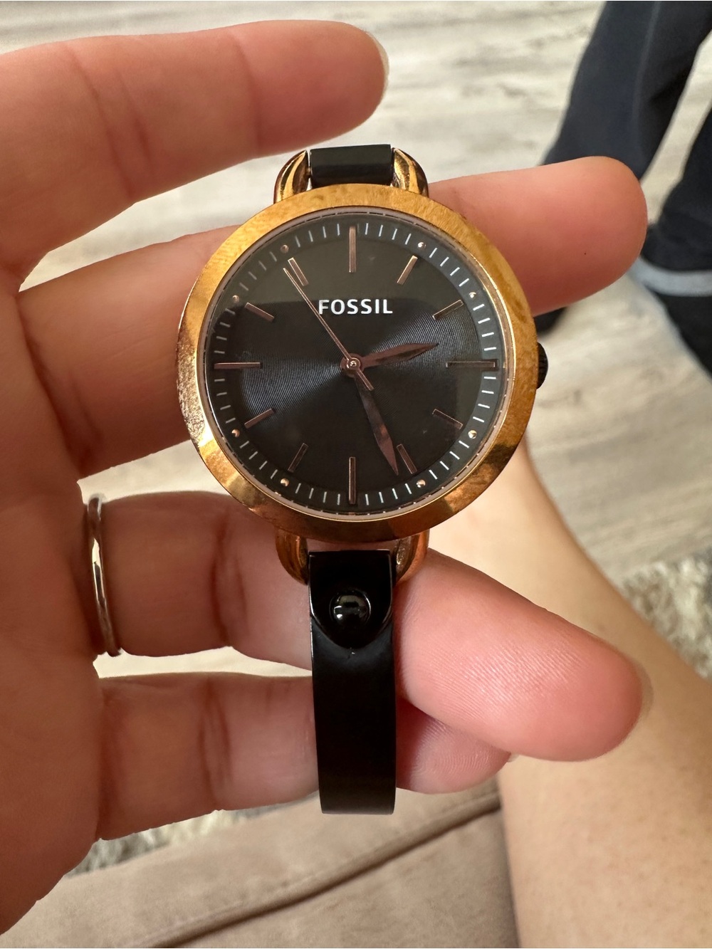 Fossil Black Dial Watch with Rose Gold-Tone Bezel
